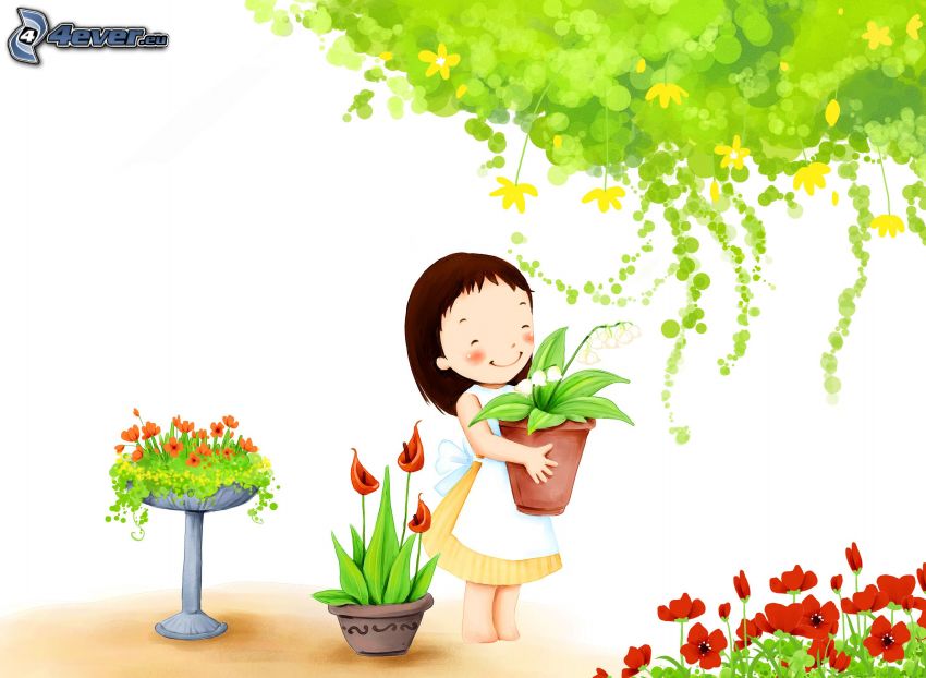 dibujos animados de chica, flores, árbol