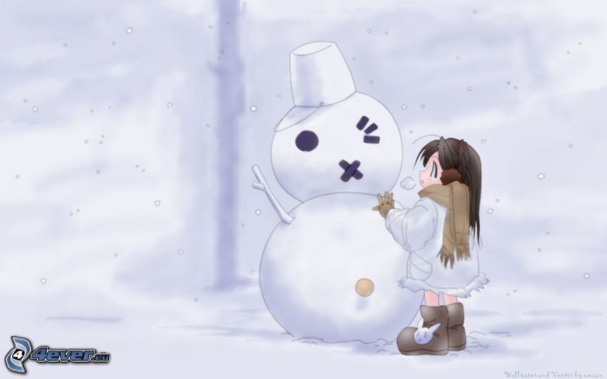 dibujos animados de chica, muñeco de nieve