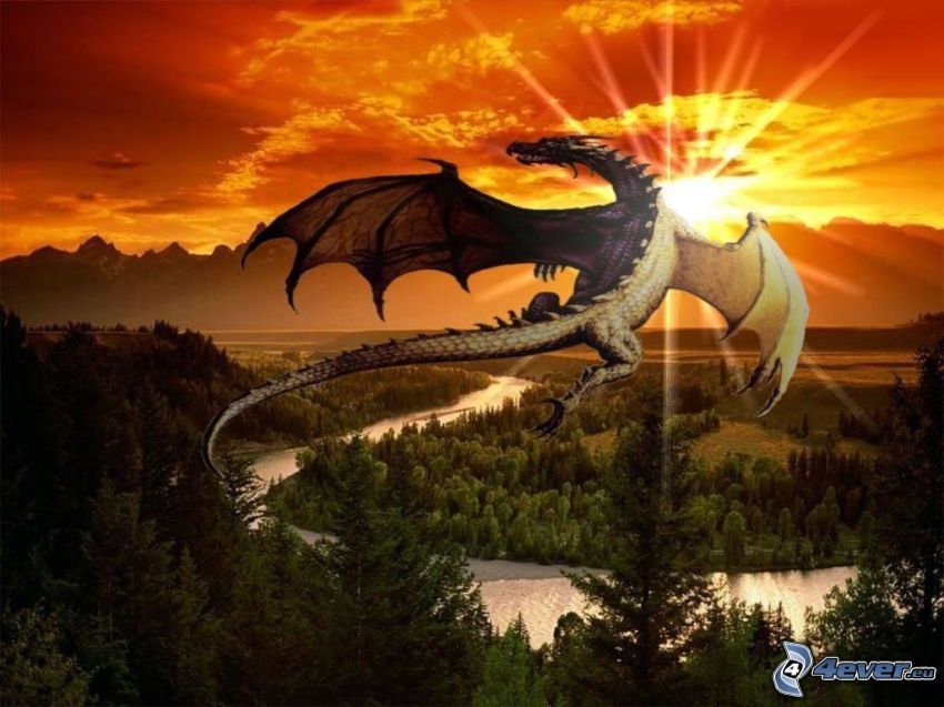 dragón volador, arte, puesta del sol, naturaleza, río, montañas
