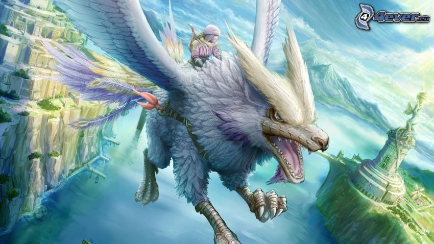 dragón volador, paisaje de dibujos animados