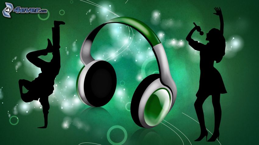auriculares, siluetas de personas, baile, fondo verde