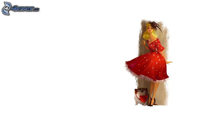 caricatura de mujer, rubia, vestido rojo, perro