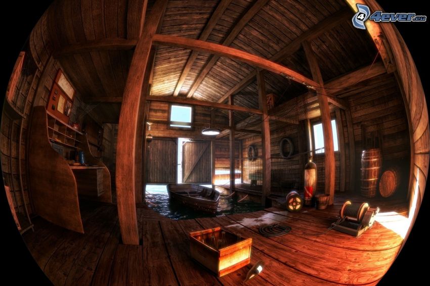 casa de madera, barco de madera, bola, HDR