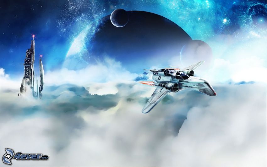 ciencia ficción, avion de caza, encima de las nubes, planetas