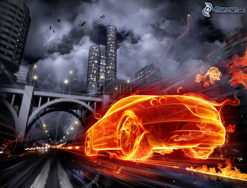 coche en fuego, ciudad de noche, acelerar