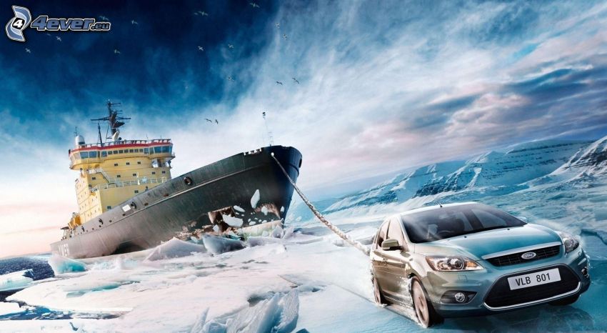 Ford, nave, rompehielos, nieve, hielo