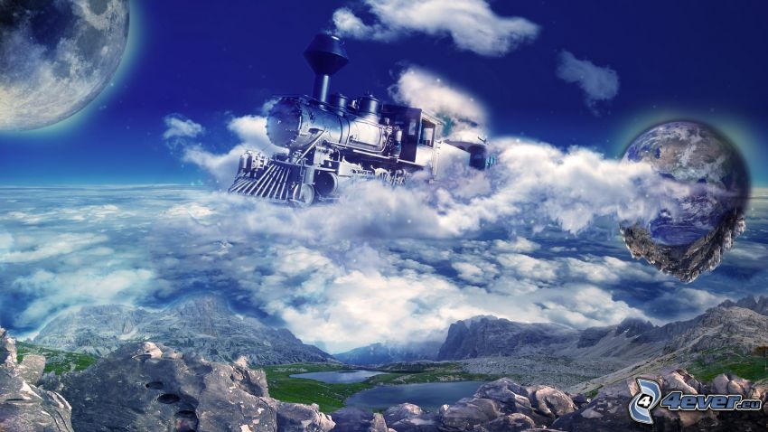 locomotora de vapor, nubes, Tierra, mes