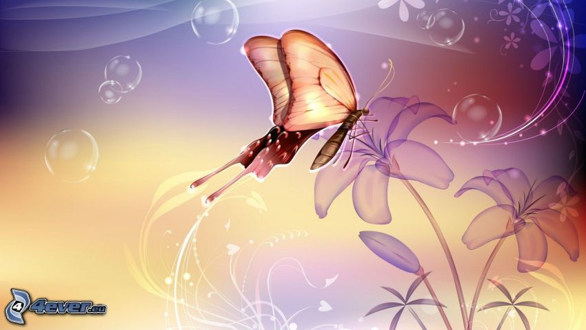 mariposa sobre una flor, burbujas