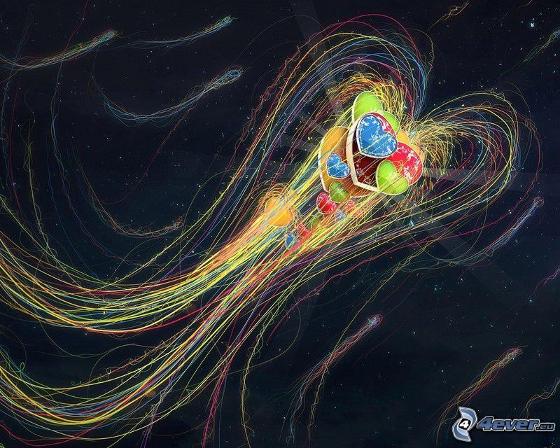 medusas, corazones, líneas de color