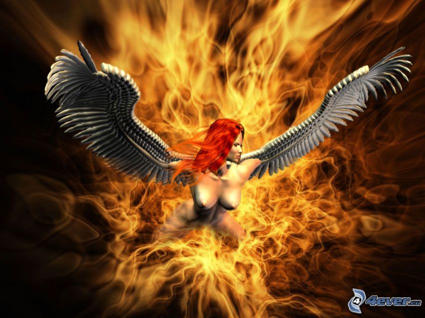 mujer con alas, fuego