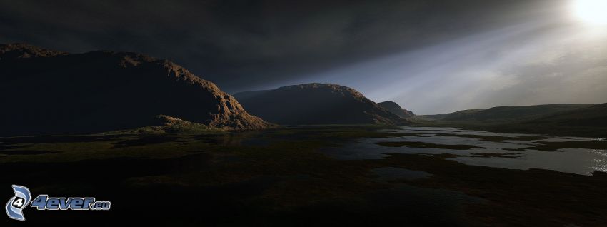 puesta de sol digital, colina, lagos