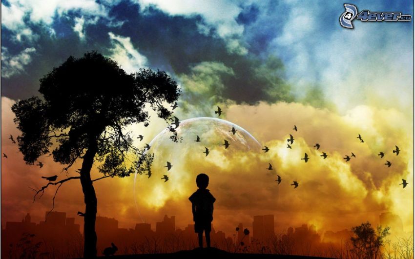 silueta de un niño, silueta de un árbol, bandada de pájaros, nubes