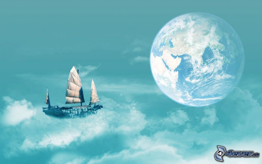 Tierra, nave, nubes, velero