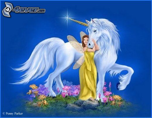 unicornio y mujer, hadas de dibujos animados