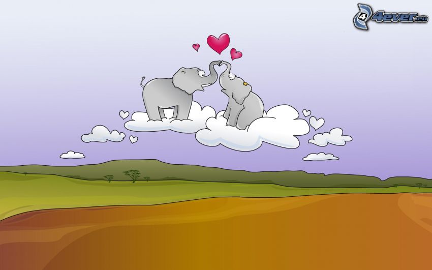 elefantes dibujados, nubes, corazones