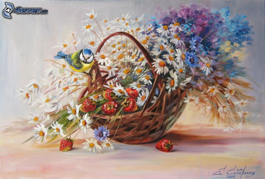 flores de campo, cesta, pájaro