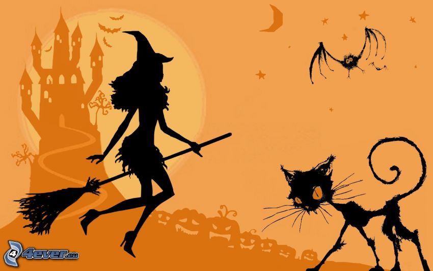 Halloween, bruja, bruja en escoba, gato negro, castillo, murciélago