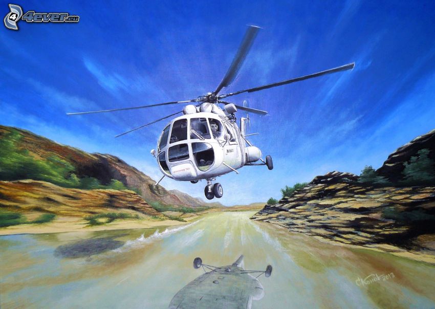 helicóptero, río, reflejo