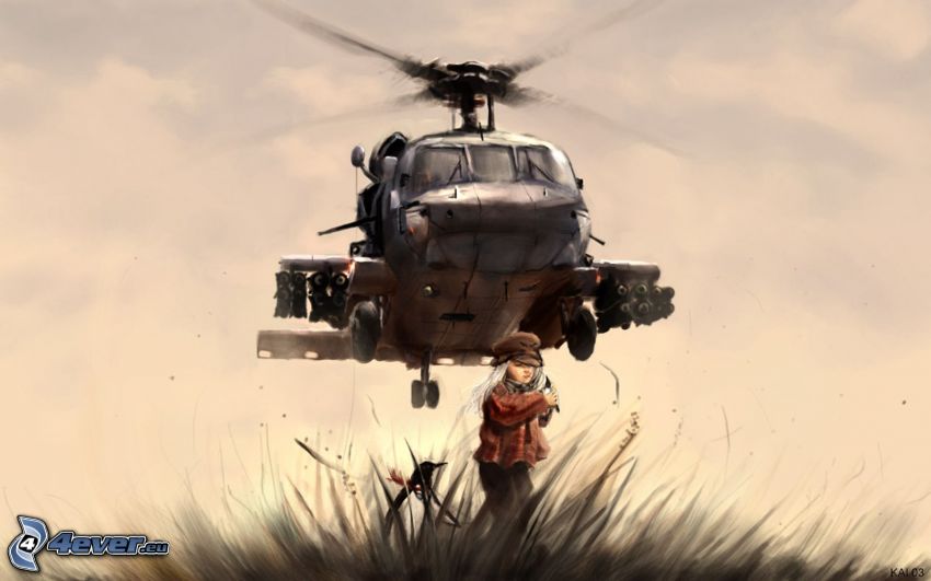 helicóptero militar, chica en el campo