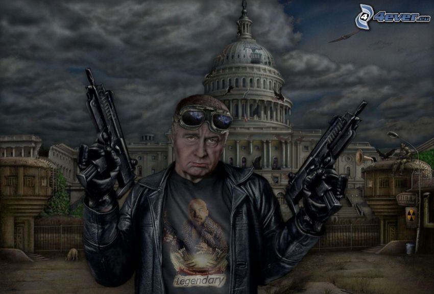 hombre con arma, Washington DC, ciudad post-apocalíptica