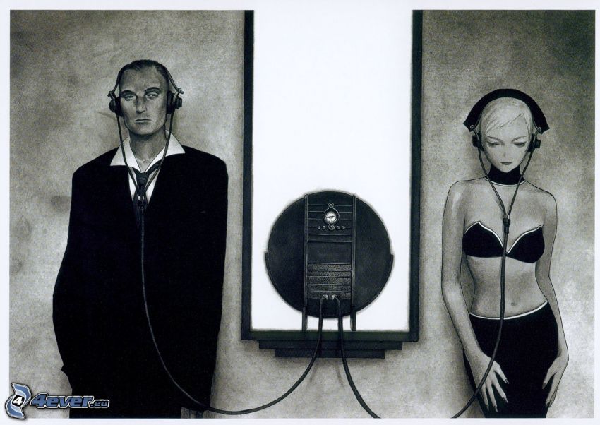 hombre y mujer, chica con auriculares, blanco y negro