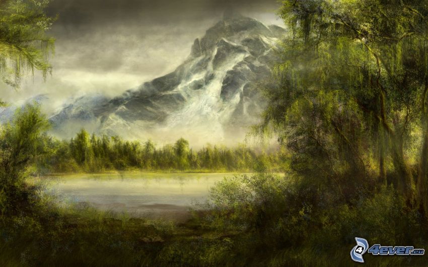Lago en el bosque, montaña, dibujo