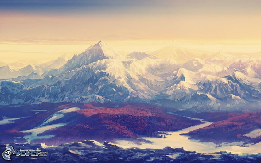 montañas nevadas, paisaje, dibujo