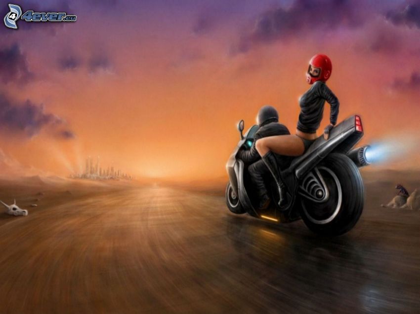 motociclista, mujer, motocicleta, acelerar