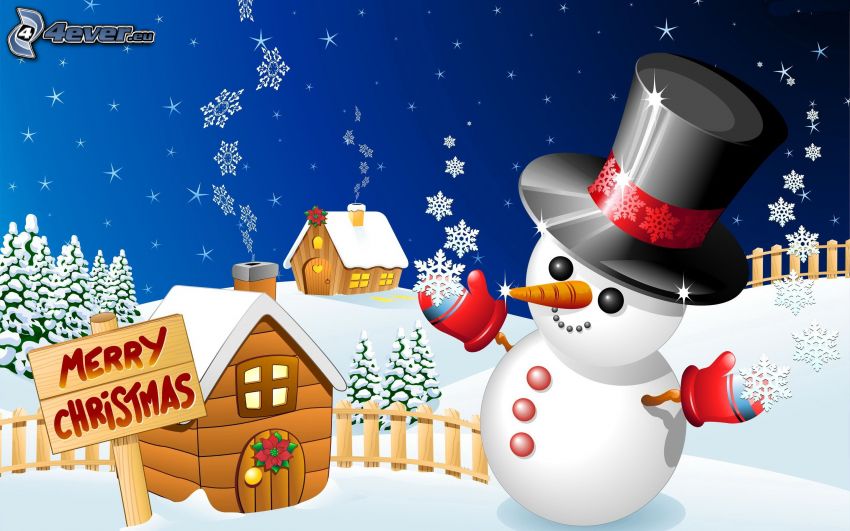 muñeco de nieve, Merry Christmas, barraca, copos de nieve