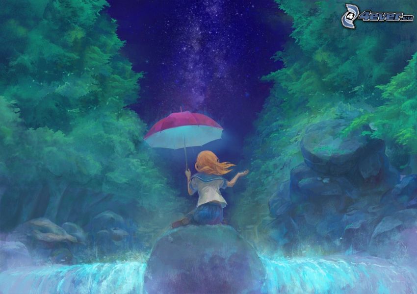 niña con paraguas, cascada, bosque