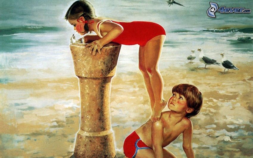 Niños en la playa, mar, dibujo