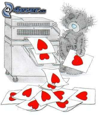 oso de peluche y corazones, impresora