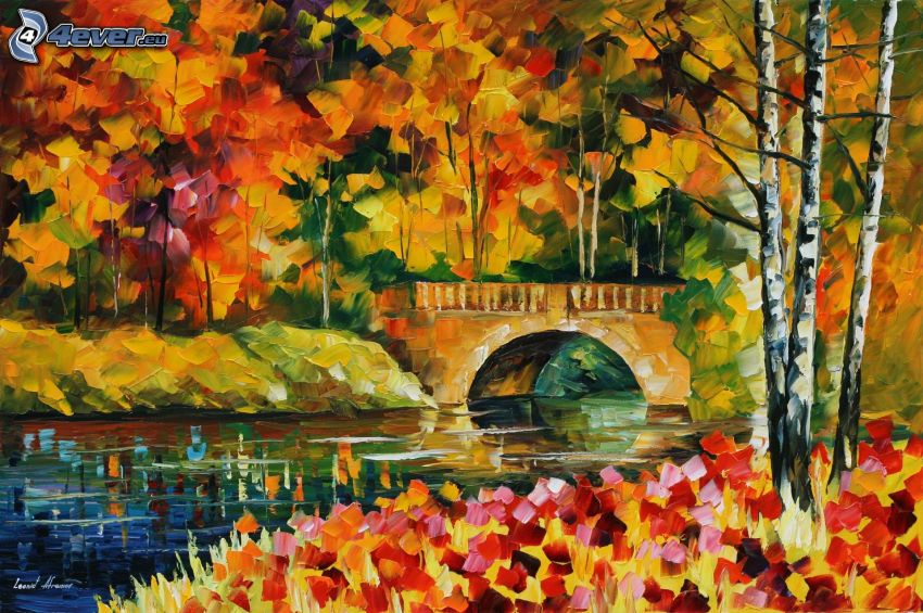 otoño, río, puente de piedra, árboles, hojas, pintura, dibujo