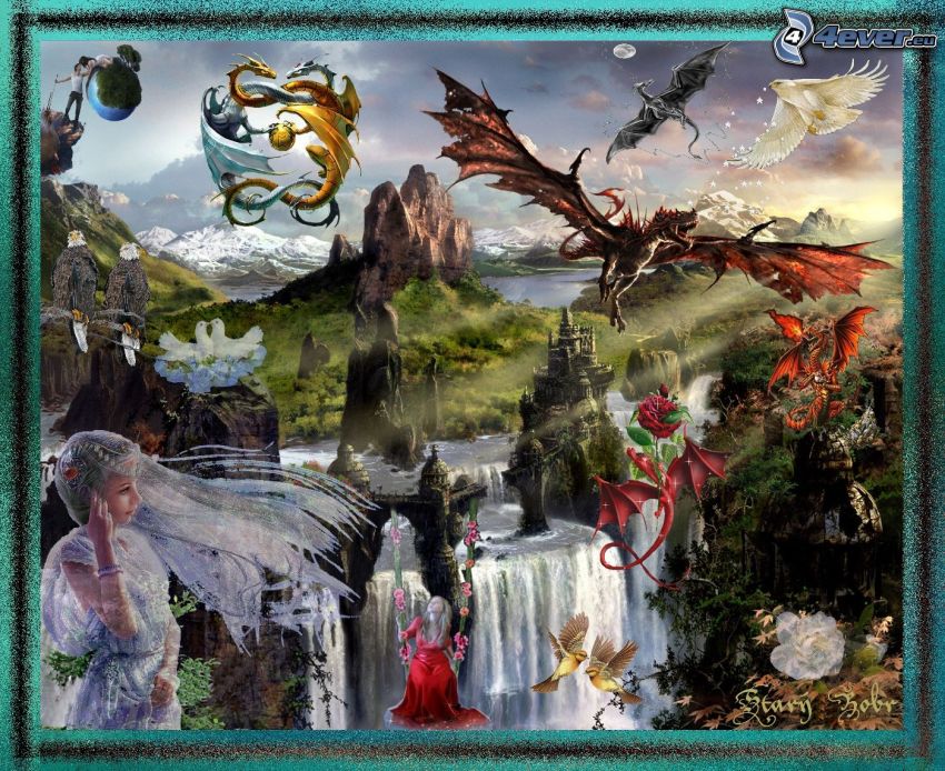 paisaje de cuentos, dragones, collage