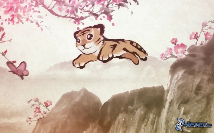 pequeño tigre, salto, rocas, ramita en flor, mariposa