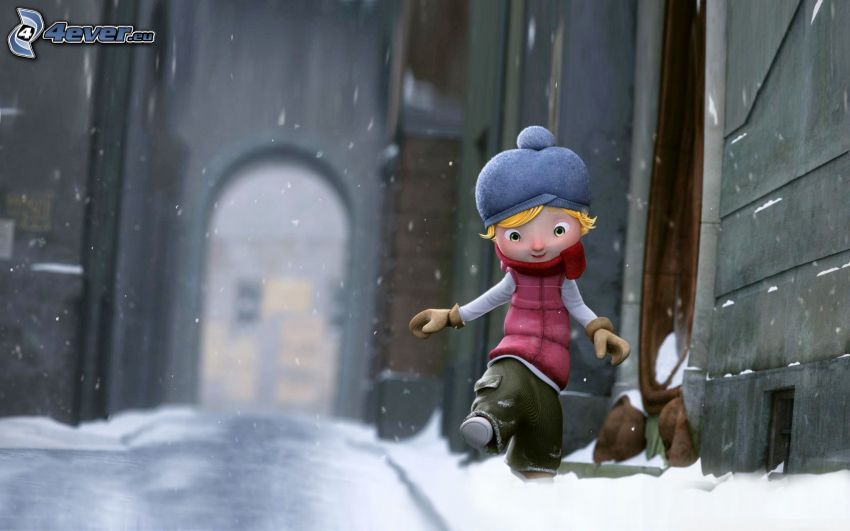 Personaje de dibujos animados, calle cubierta de nieve