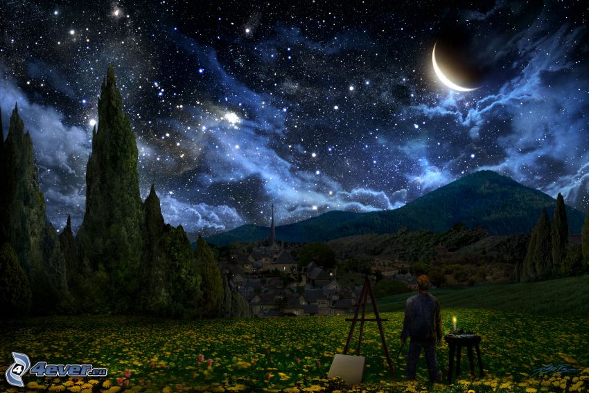 pintor, cielo de noche, paisaje, mes, estrellas, nubes, sierra, prado