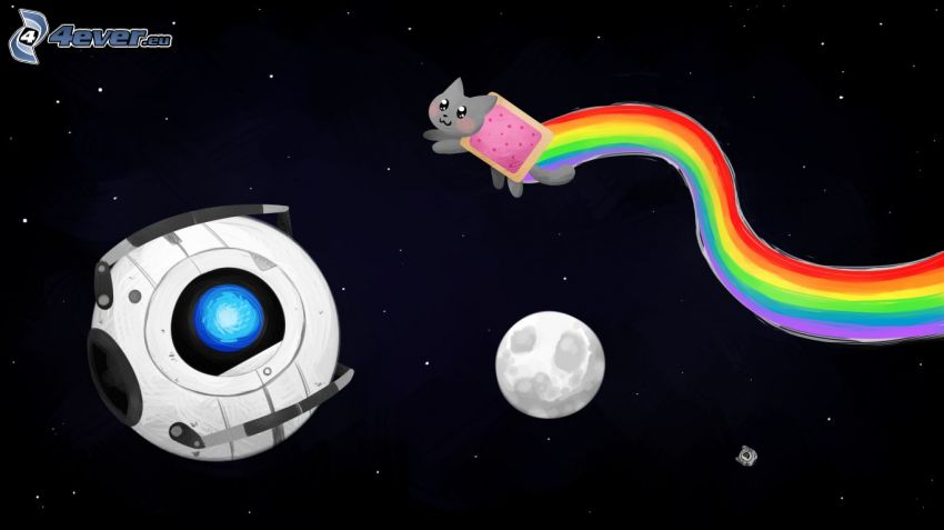 planetas, arco iris, gato de la historieta
