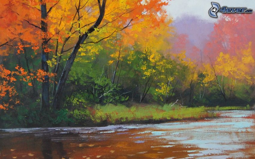 río, árboles, bosque, pintura, dibujo