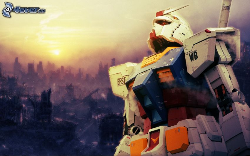 robot, figurita, puesta del sol, ciudad