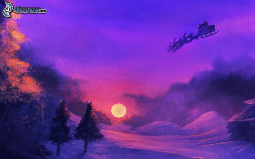 Santa Claus, paisaje nevado, mes