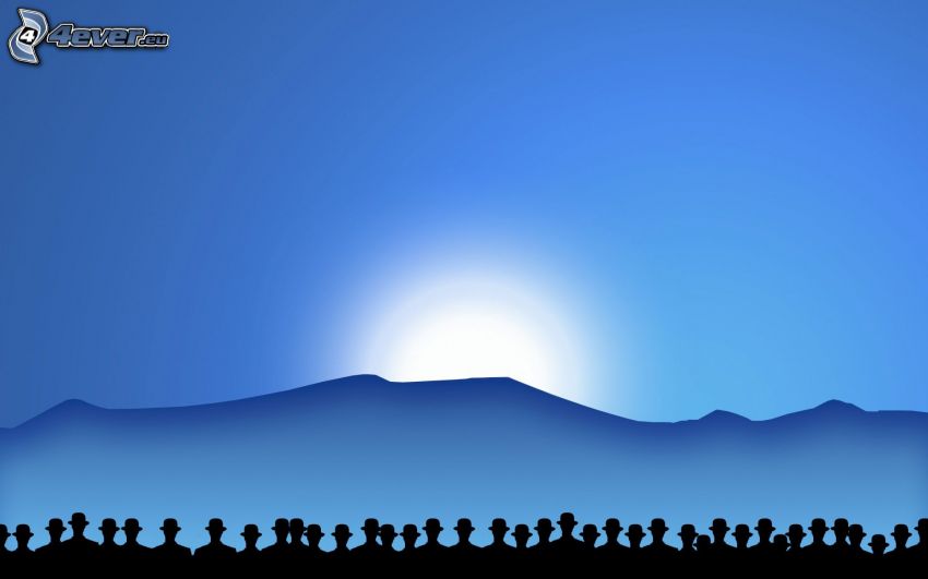 siluetas de personas, puesta de sol sobre la colina, fondo azul