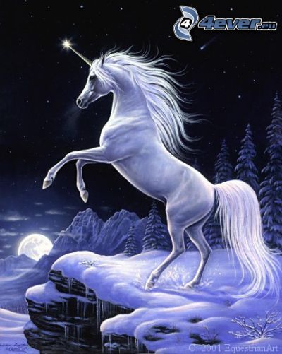 unicornio, bosque, nieve, mes, noche, estrellas
