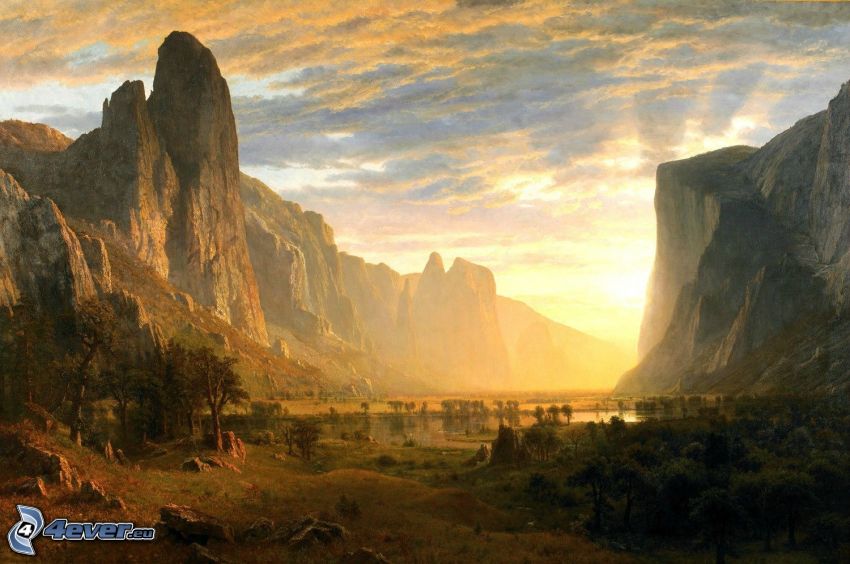 valle, rocas, puesta del sol