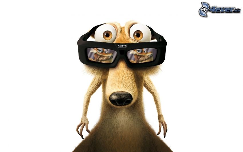 ardilla de la película Ice Age, gafas, 3D