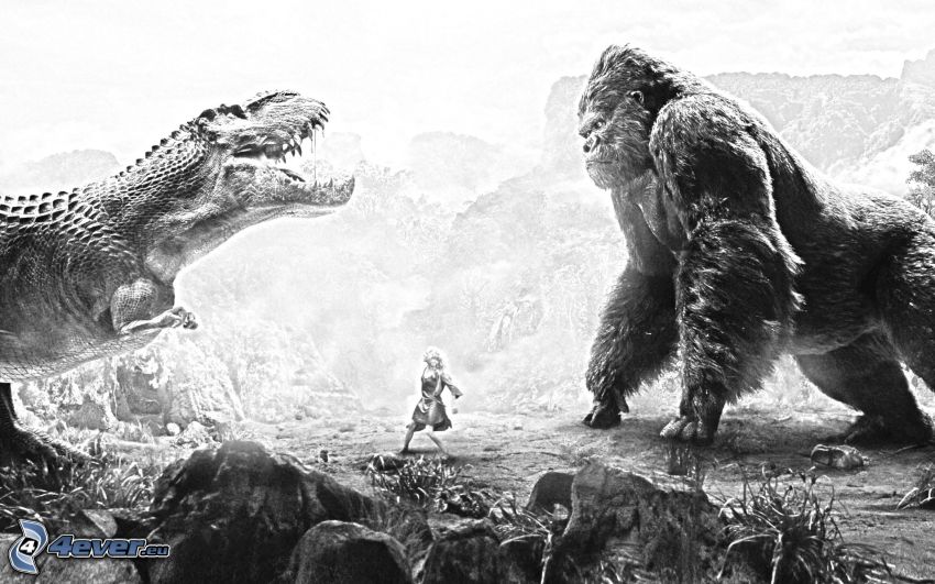 King Kong, dinosaurio, blanco y negro