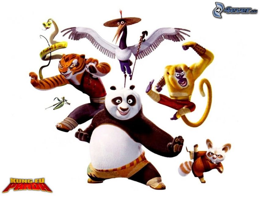Kung Fu Panda, Panda Po, mono, Mr. Shifu, Tigresa, Víbora, Gruidae