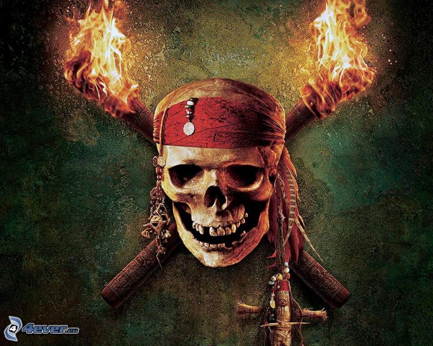 Piratas del Caribe, cráneo, antorcha, fuego