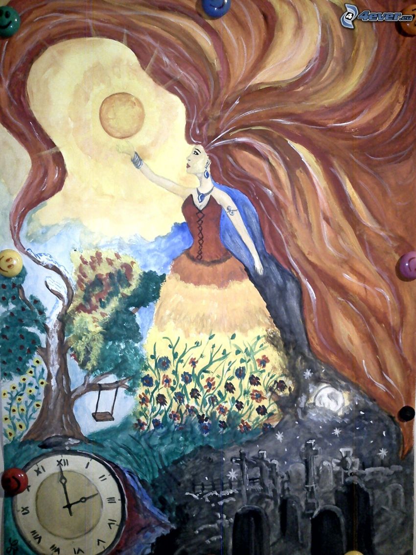 mujer con el pelo largo, reloj analógico, sol, árbol, cementerio, pintura