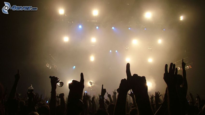 concierto, Fans, multitud, manos, luces